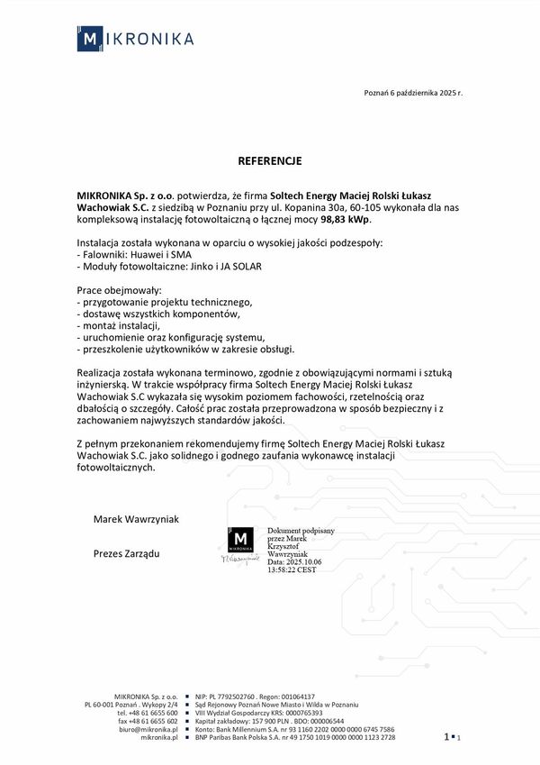 Referencja – Mikronika Sp. z o.o.